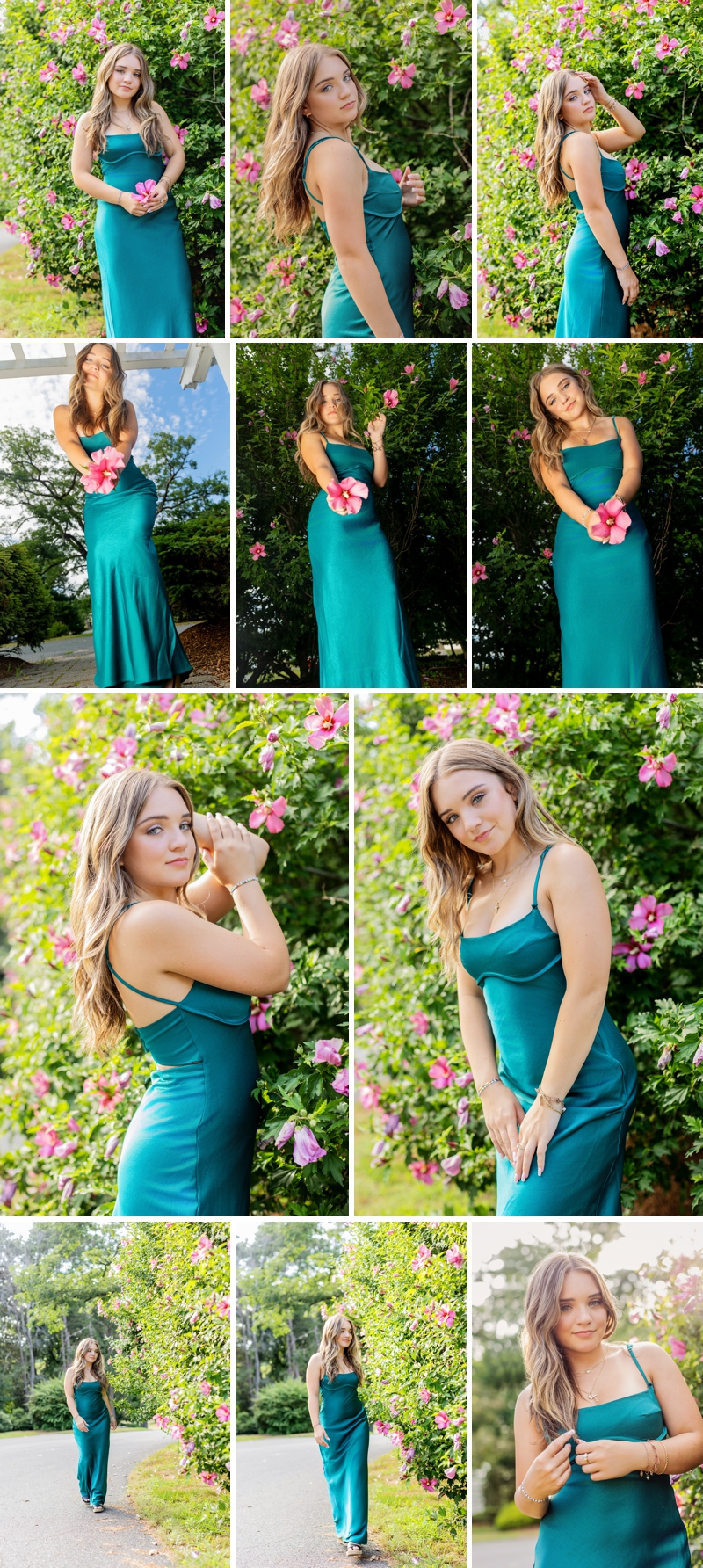 Senior girl in green dress next to flowers