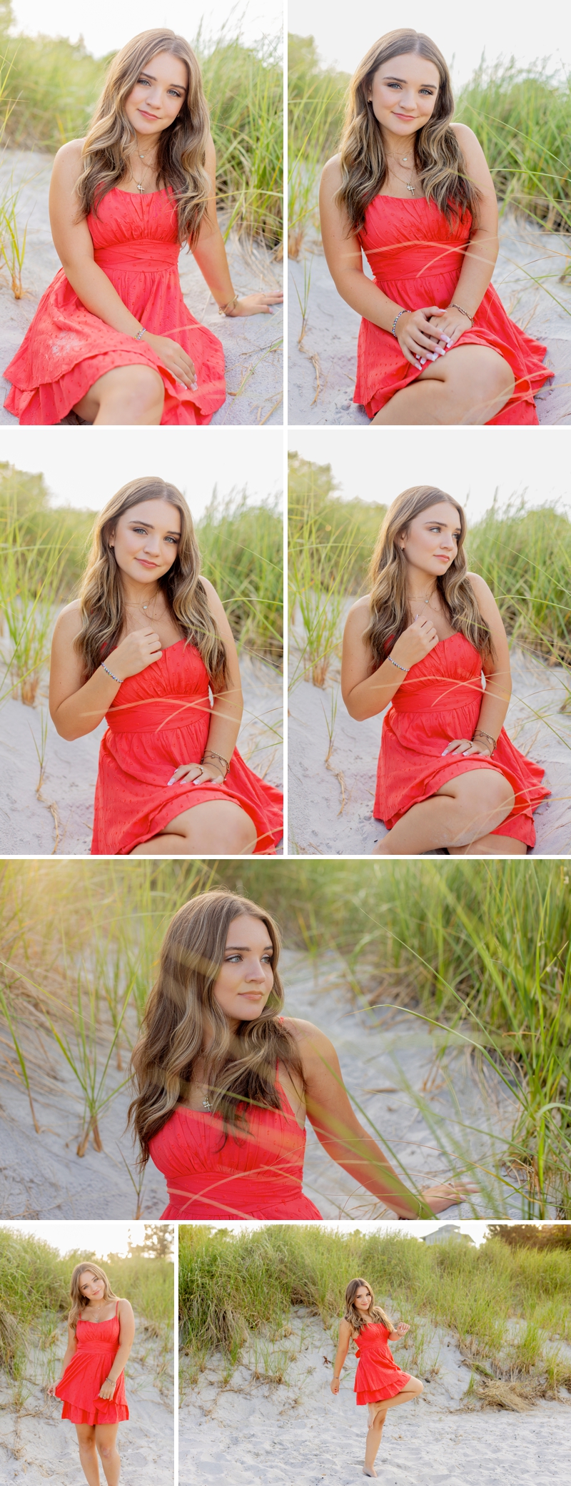 senior girl in dress on beach grass