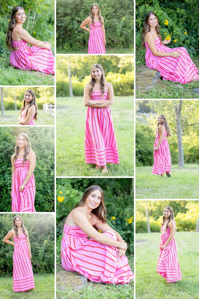Senior girl in long pink sundress in open field 