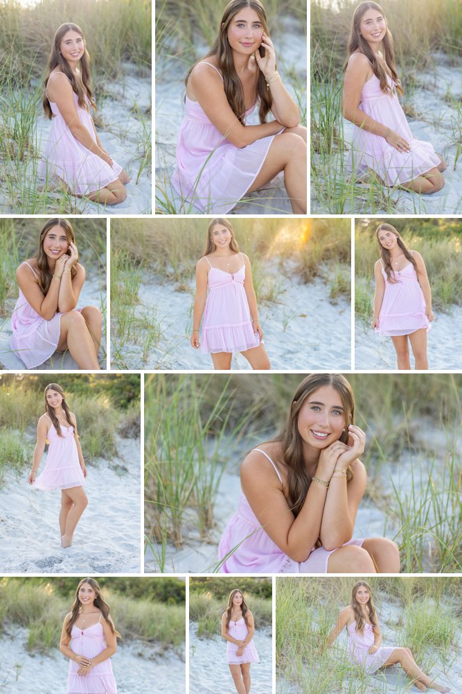 Senior girl in a pink sundress on the sands of Wingaersheek beach in Gloucester