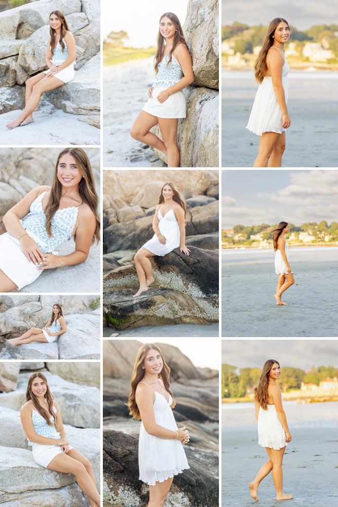 Senior girl in white dress along the rocks in Wingaersheek beach in Gloucester