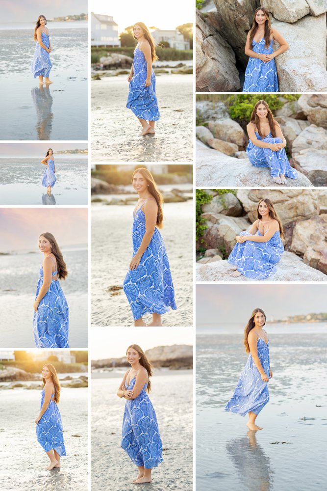 Senior girl in long blue sundress along the shores of Wingaersheek beach in Gloucester
